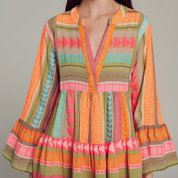 Devotion Twins Ella Embroidered Cotton Multicolor Tunic Mid Dress - Picture 5 of 9